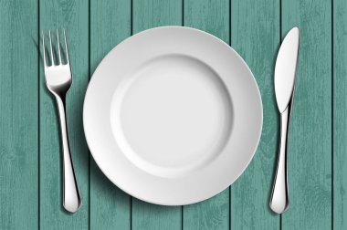 Beyaz seramik tabak, çatal ve bıçak yeşil ahşap bir masa üzerinde. Hisse senedi vektör çizim.