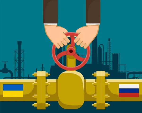 Les Mains Humaines Tiennent Valve Affaires Entre Russie Ukraine Gazoduc — Image vectorielle