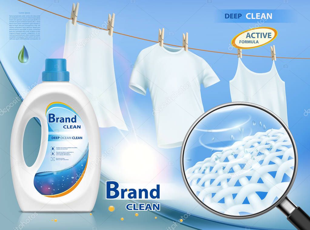 Plastic packaging with laundry detergent. Mock-up package with label design. Washing white clothes hanging on the rope. Stock vector illustration.