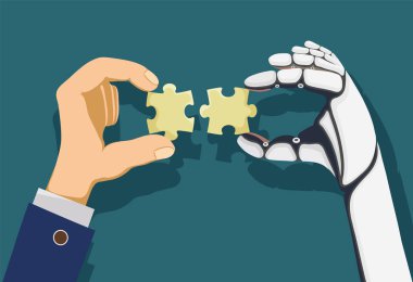 Human and a robot hands holding puzzle pieces. Development and innovation in technology. Stock vector flat graphic illustration. clipart