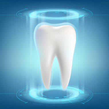İnsan dişi. Diş implantı. Dijital Hud infographics. Fütüristik arka plan. Beyazlatma ve tedavi. Hisse senedi vektör çizim.