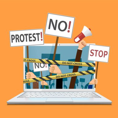 Censorship of the Internet and media. People hold banners and posters in their hands. Pickets and demonstrations. Stock vector illustration. clipart