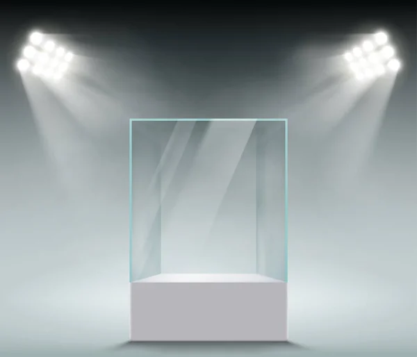 Glass Showcase Exhibition Form Cube Background Sale Illuminated Spotlights Stock — Stock Vector