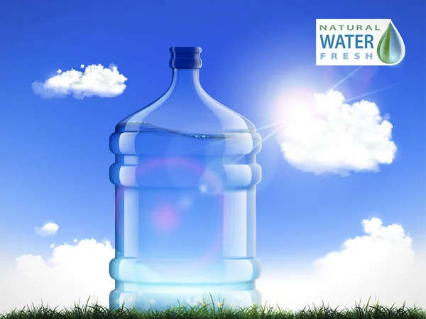 大瓶干净 新鲜的水 用于冷却器和分配器的塑料容器 自然背景与云彩和草 股票矢量图 — 图库矢量图片