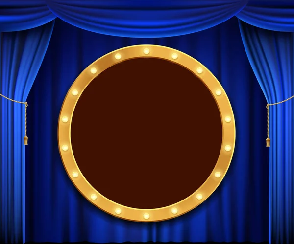 Goldenes Rundes Banner Mit Glühbirnen Auf Dem Blauen Theatervorhang — Stockvektor