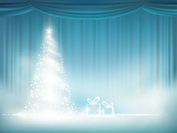 Glowing Christmas tree on a background of blue curtain — ストックベクタ
