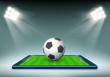 Akıllı telefon ekranında futbol topu ve stadyum sahası.