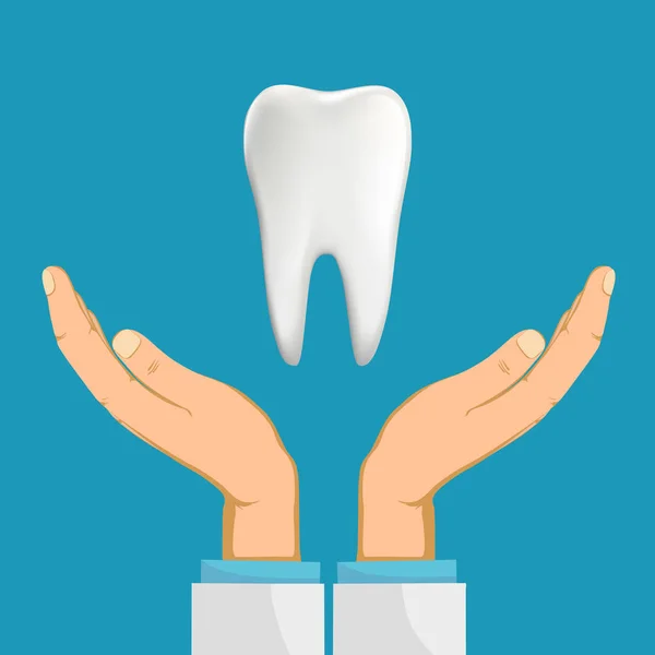 Ruce Doktora Zubaře Držícího Bílý Lidský Zub Zubařská Péče Vektorová — Stockový vektor