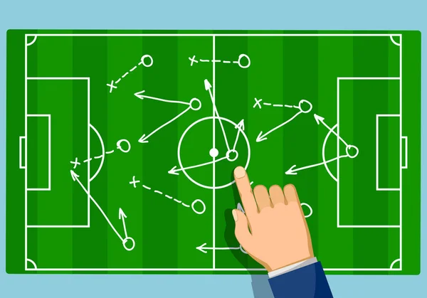 Estrategia Juego Campo Fútbol Coach Señala Con Dedo Esquema Fútbol — Vector de stock