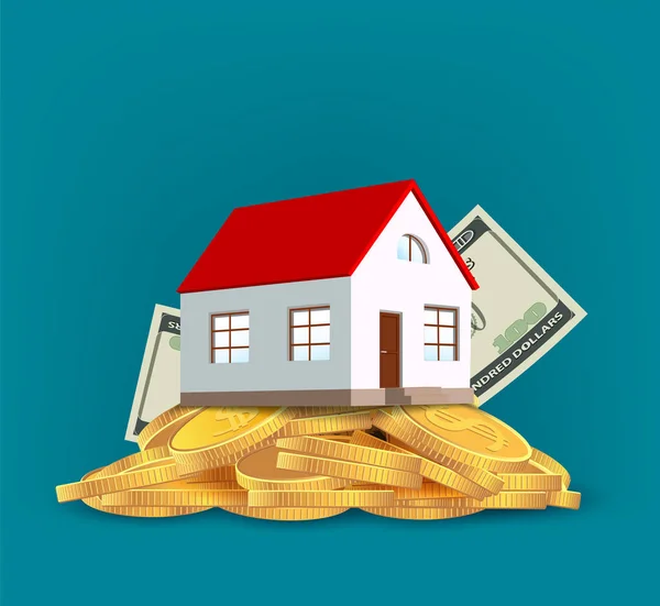 Costruire casa si trova su un mucchio di monete d'oro dollaro — Vettoriale Stock