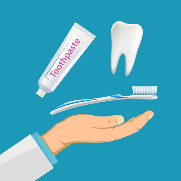 Dentist hand with a toothbrush and toothpaste. Hygiene concept — 스톡 벡터