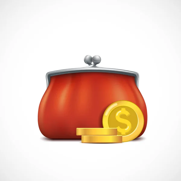 Icon red purse and golden dollar coins — ストックベクタ