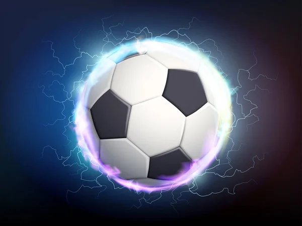 Balón de fútbol con descargas eléctricas y relámpagos . — Vector de stock