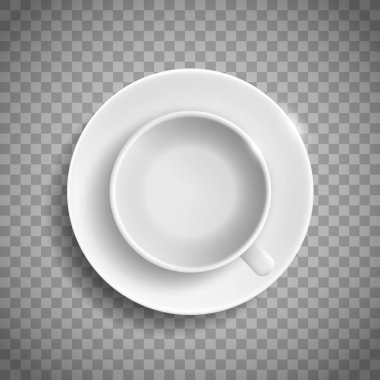 Beyaz boş seramik bardak ve çay tabağı. Üst görünüm