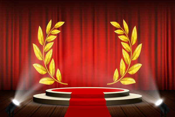 Golden laurel wreath on the podium. Awarding the winner