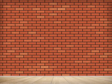 Kapalı yerde, ahşap zeminli boş kırmızı tuğla duvar..