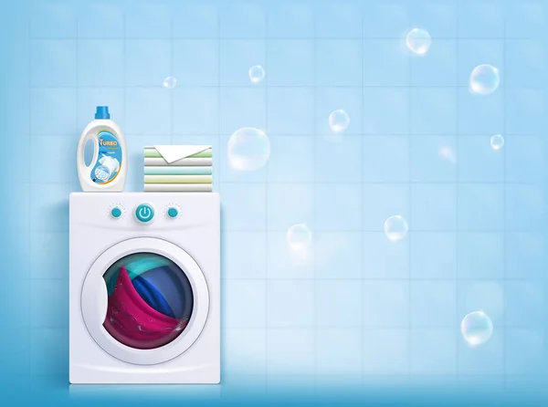 洗衣机上的液体洗衣粉瓶. — 图库矢量图片