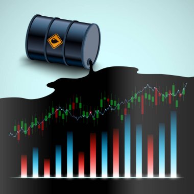 Barrel of crude oil. Financial charts on the background of spilled fuel. Vector illustration clipart
