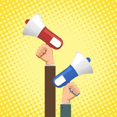 İki kişi megafon tutuyor. Sosyal Medya Pazarlama. Vektör illüstrasyonu.