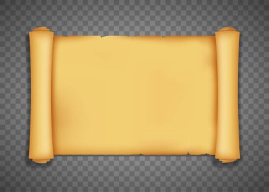 Eski, boş kağıt. Antika parşömen kağıdı. Şeffaf bir arkaplanda boş bir şablon izole edildi. Vektör illüstrasyonu.
