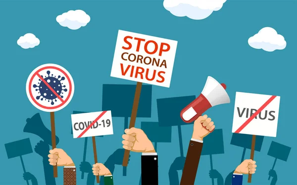 Pessoas Estão Segurando Banners Com Palavras Parar Coronavírus Protesto Contra —  Vetores de Stock