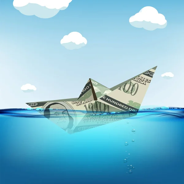 水の中でドルの通貨の沈没から作られた紙のボート 金融危機と破産 ベクターイラスト — ストックベクタ