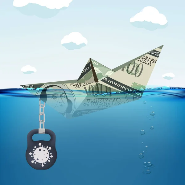 水の中でドルの通貨の沈没から作られた紙のボート コロナウイルスのパンデミックによる金融危機Covid ベクターイラスト — ストックベクタ