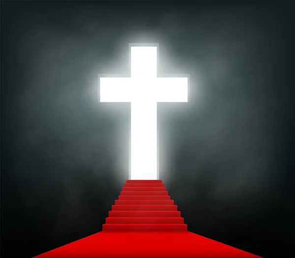 Lépcső Vörös Szőnyeggel Jézus Krisztus Ragyogó Szent Keresztjének Sötét Hátterében — Stock Vector