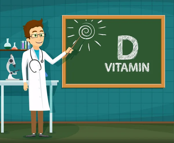 Dokter Atau Ilmuwan Laboratorium Menunjuk Dewan Sekolah Dengan Ilustrasi Vitamin - Stok Vektor