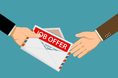 Yönetici, çalışana bir iş teklifi içeren bir zarf veriyor. Vektör düz grafik illüstrasyonu.