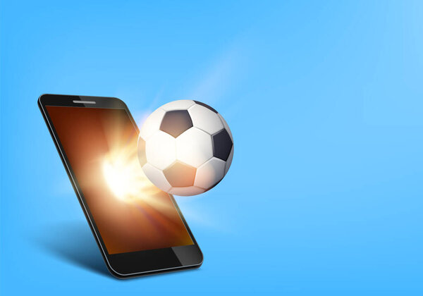 Soccer ball on fire flies out of the smartphone screen. Vector illustration