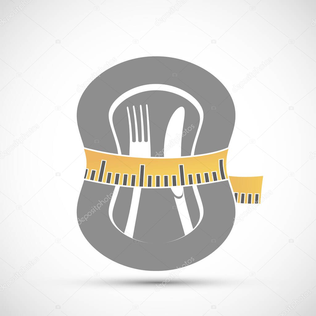 Measuring tailor tape around plate with knife and fork. Diet icon. Vector illustration.