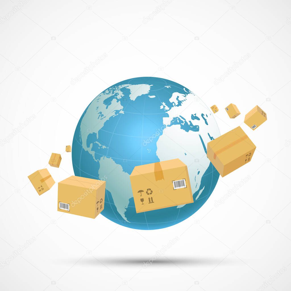 Delivery and cargo transportation in the world. Cardboard boxes fly around the planet earth. Vector icon isolated on a white background.
