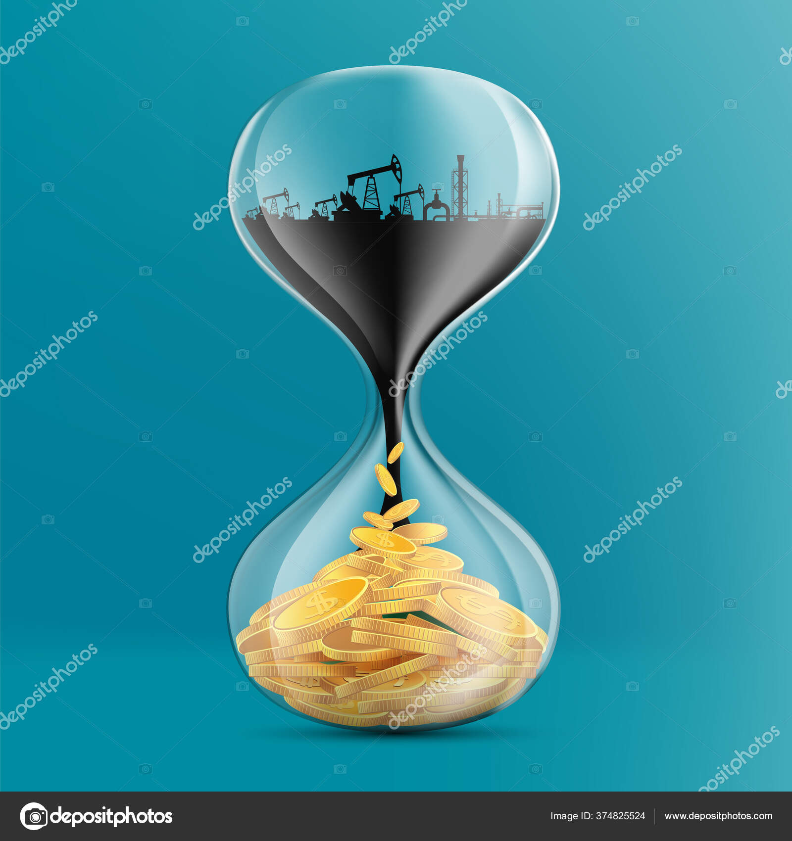 Песочные Часы Нефтяной Вышкой Золотыми Монетами Векторная.