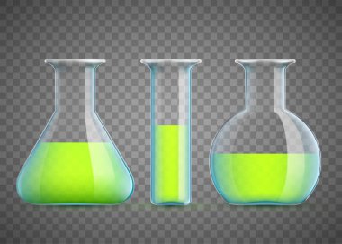 Yeşil sıvılı kimyasal laboratuvar şişesi. Deney için deney tüpleri. Şeffaf bir arkaplanda izole edilmiş bir şablon. Vektör illüstrasyonu
