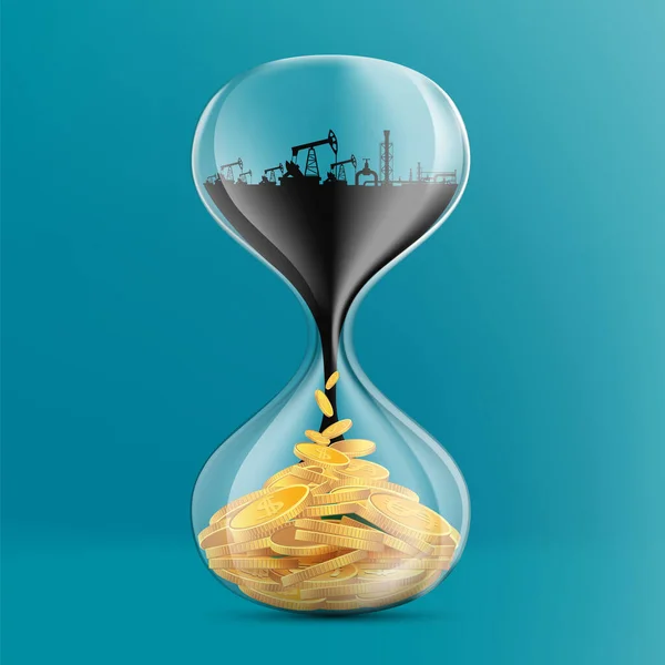 Sandglass Com Equipamento Petróleo Moedas Ouro Ilustração Vetorial — Vetor de Stock