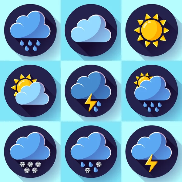 Vector flat color weather meteorology icons set with long shadow — Stock Vector