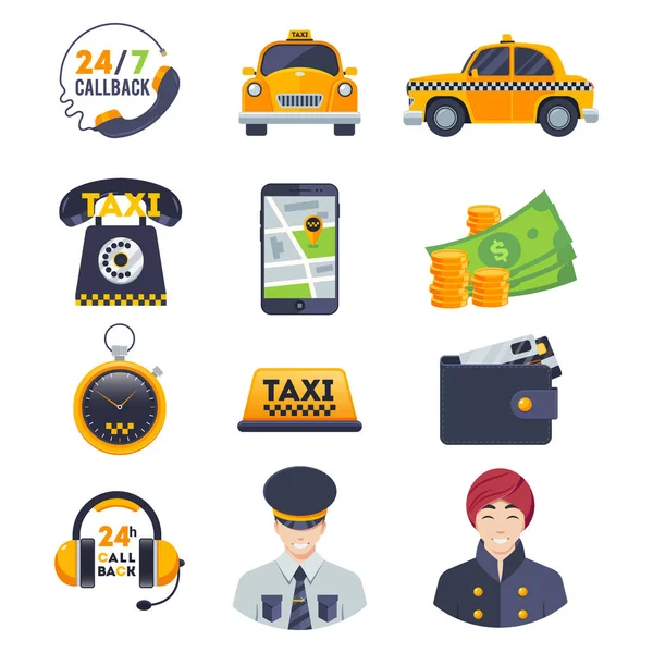 Platt färg taxi ikoner set med ordning driver isolerad på vit — Stock vektor