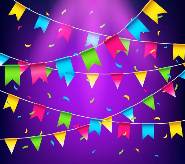 Guirnaldas multicolores brillantes buntings. Banderas de fiesta con confeti — Vector de stock