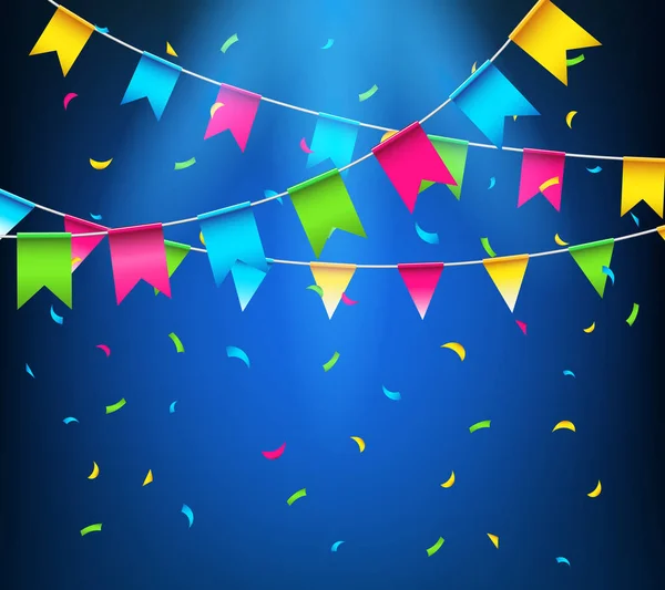 Guirlandes lumineuses multicolores. Drapeaux de fête avec confettis — Image vectorielle