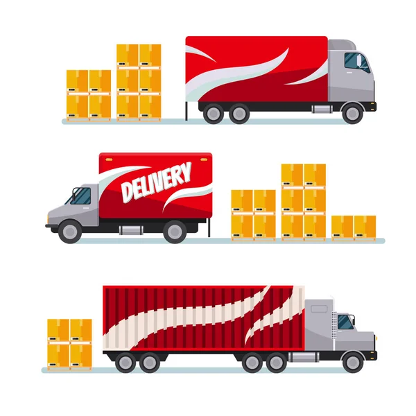 Camions rouges à livraison rapide avec boîtes de colis — Image vectorielle