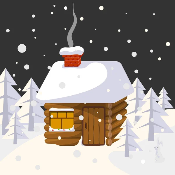 Paisaje navideño con casa en árboles forestales y animales salvajes — Vector de stock