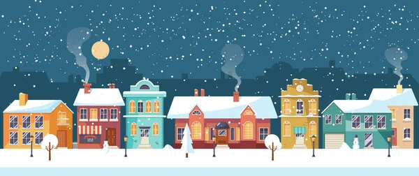 Снежная рождественская ночь в уютном городке, панорама — стоковый вектор