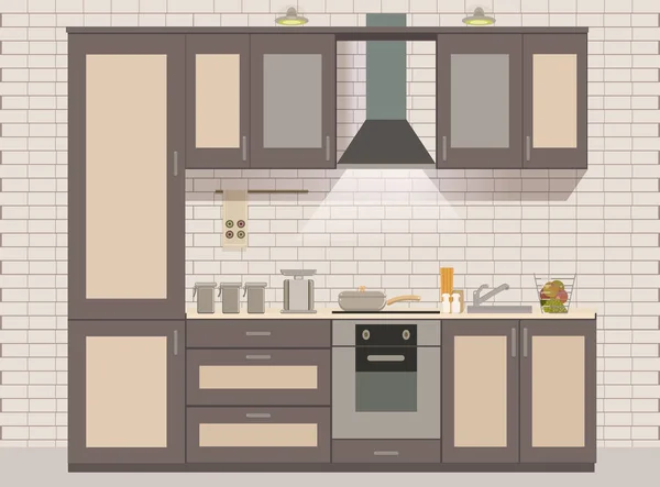 Keuken interieur kaart platte vectorillustratie — Stockvector