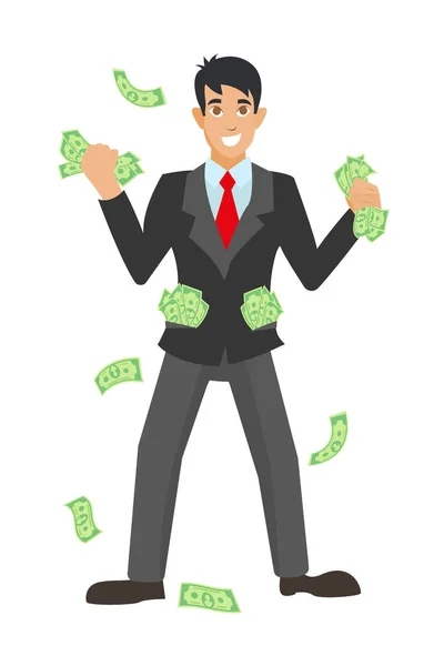 Happy super rich successful businessman raises his hands under money rain — Stock Vector