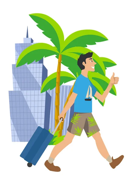 El hombre se va de vacaciones. Viajando a otro país en el verano. caminar con la maleta . — Archivo Imágenes Vectoriales