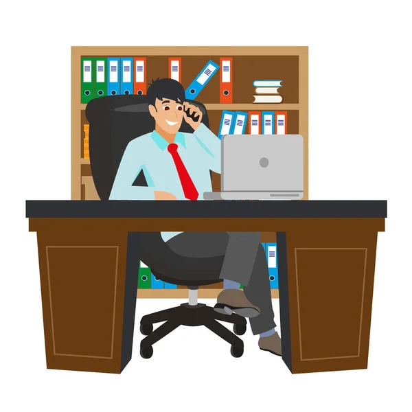 Zakenman werken aan Office tafel. Vlakke designstijl. Vectorillustratie van de grote baas van de Cartoon met werkruimte — Stockvector