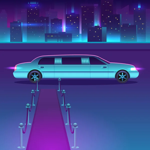 Limousine with a red carpet at night vector in front of city urban landscape, luxury metropolis. — Stock Vector