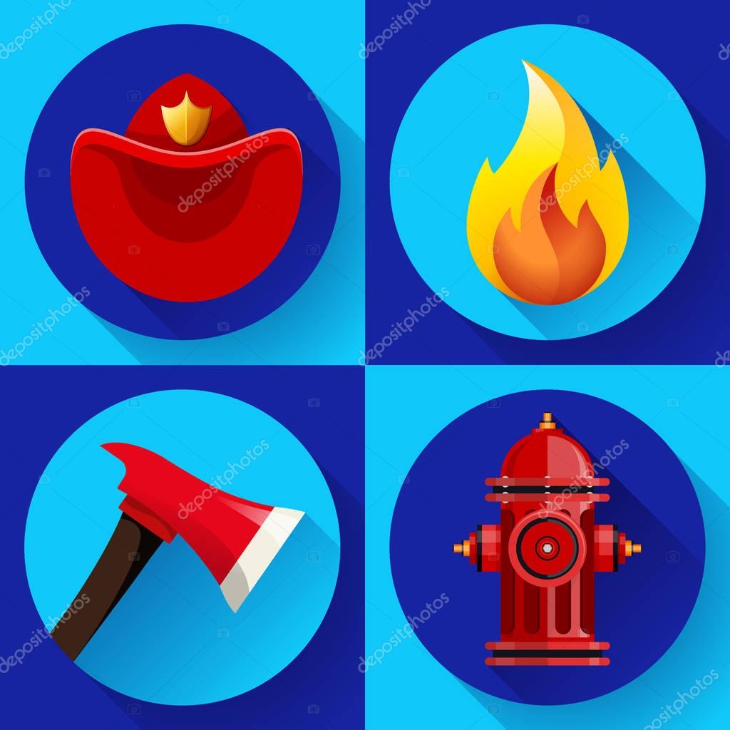 Firefighter elements set collection, including axe, fire flame protective helmet and hydrant vector illustration.