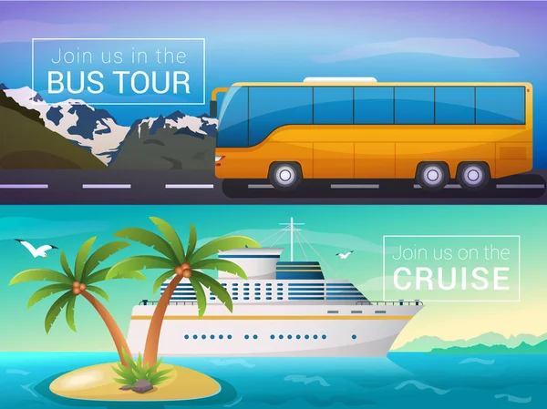 Conjunto de banners de viaje vectoriales. Tour en autobús a las montañas de los Alpes, crucero marítimo por el océano en las islas — Vector de stock